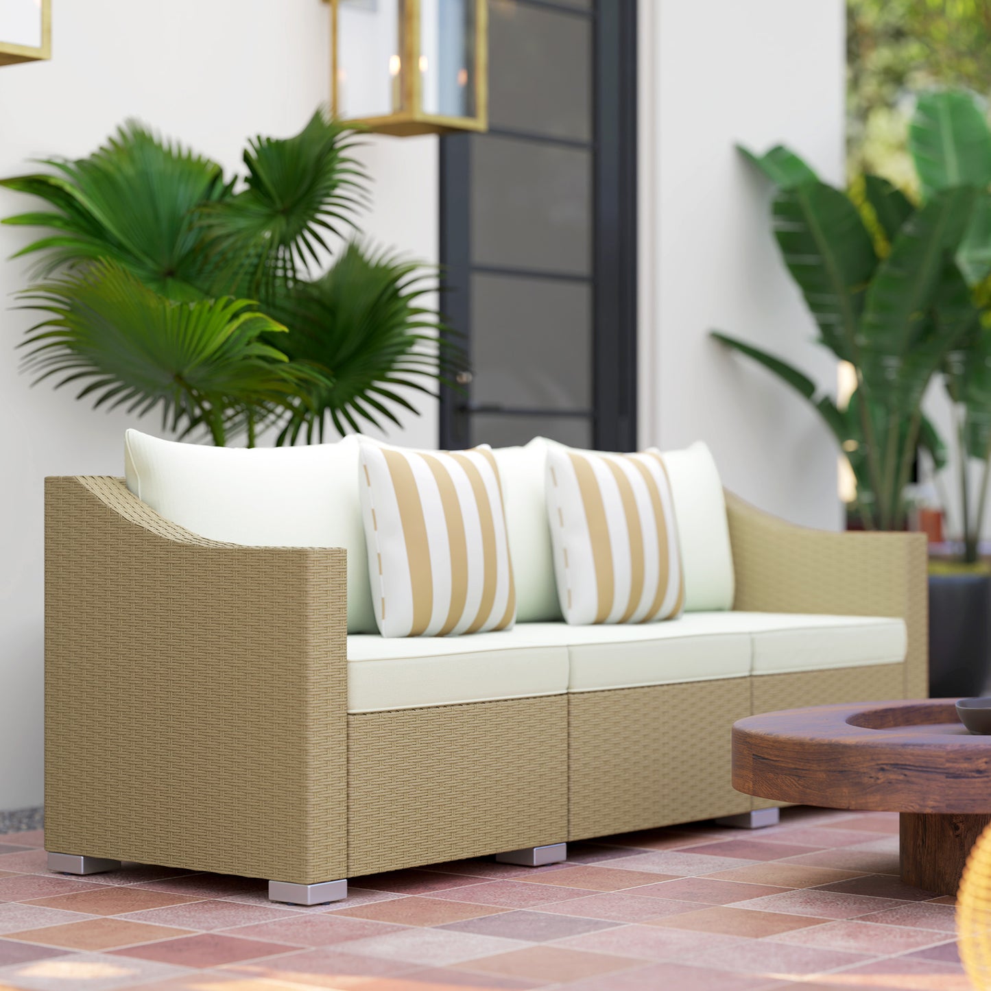 Cream White Rattan 3-Seater Patio Sofa with Cushions & Pillows