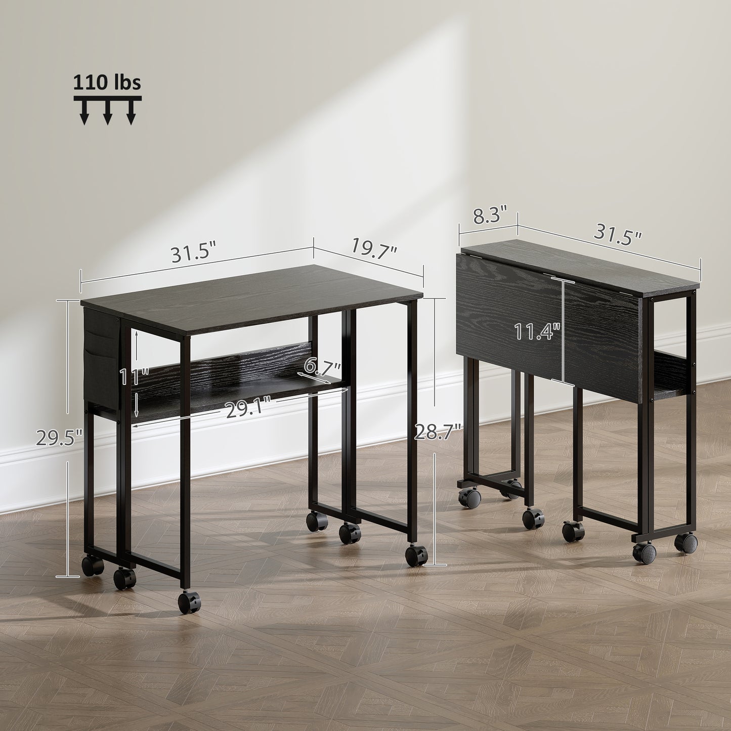 Folding Computer Desk with Storage Bag and Wheels - Black