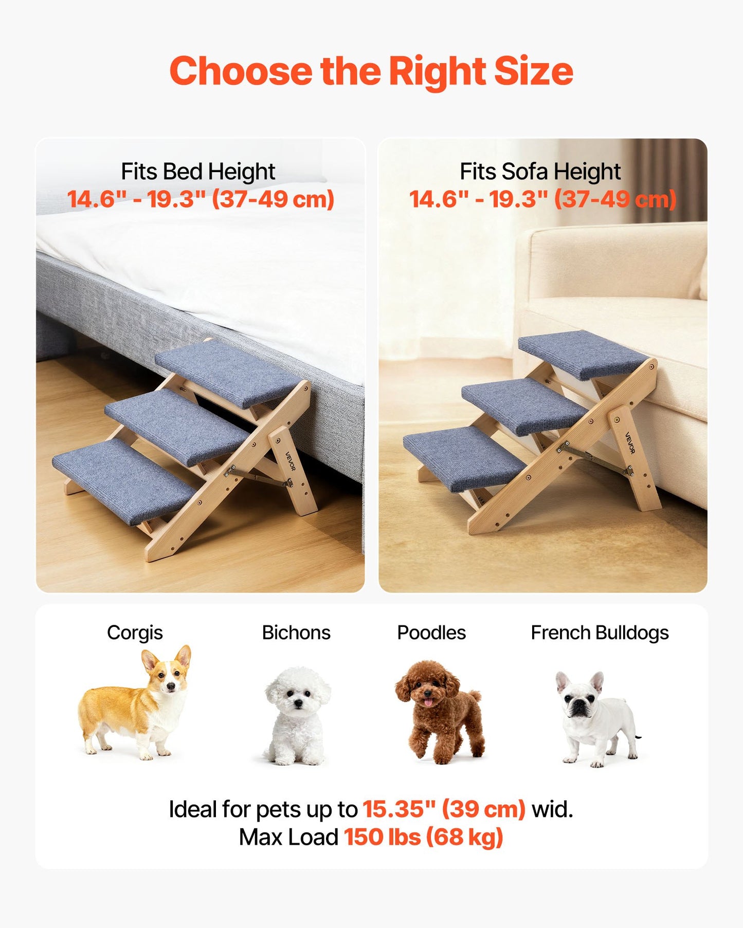 Wood Pet Stairs for Dogs and Cats - 3-Step Foldable Pet Ladder with Non-Slip Surface