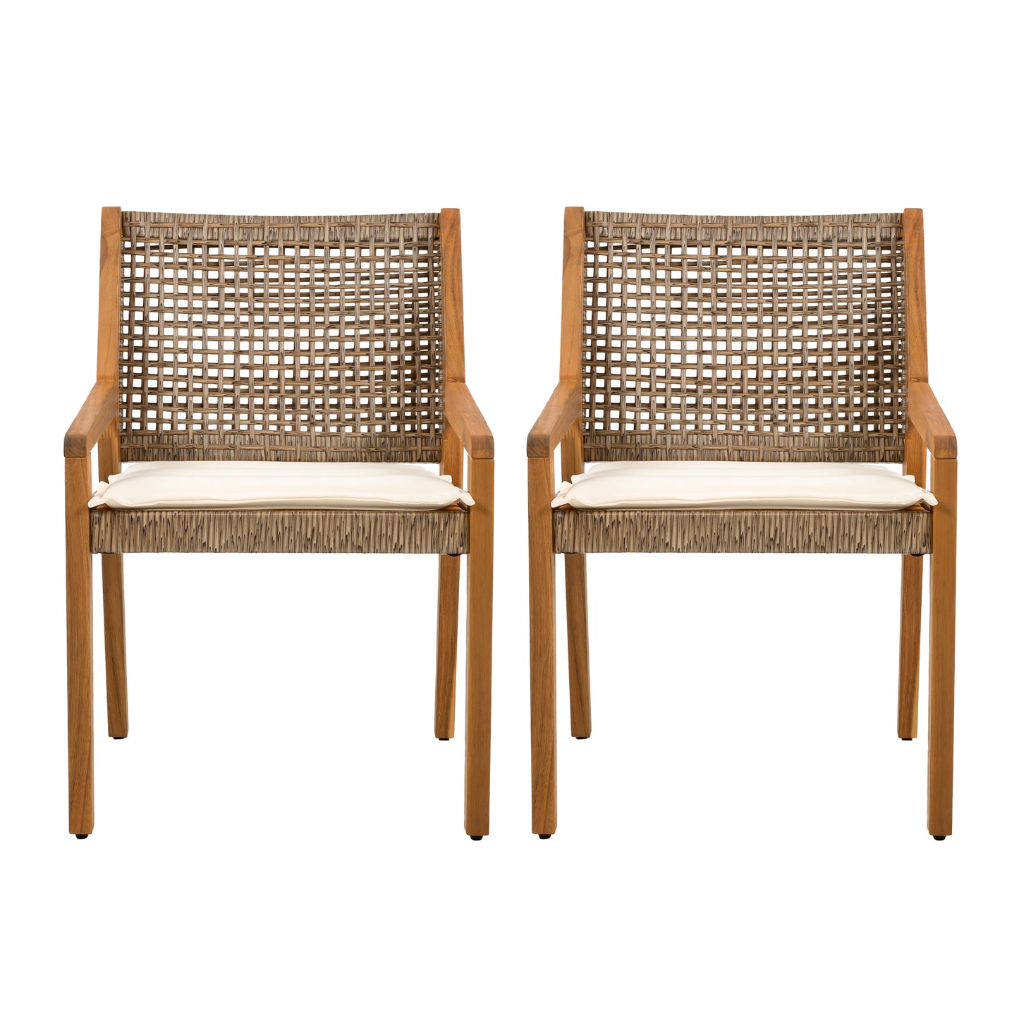 OUTDOOR DINING CHAIR SET-Acacia Wood And Wicker With Cream Cushion