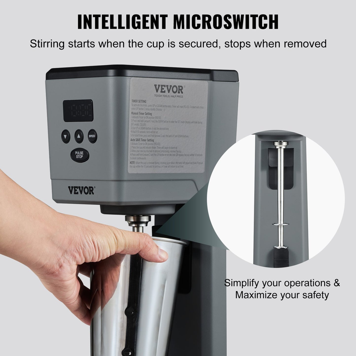 Electric Milkshake Maker 375W with Stainless Steel Cup 3-Speed Drink Blender Grey