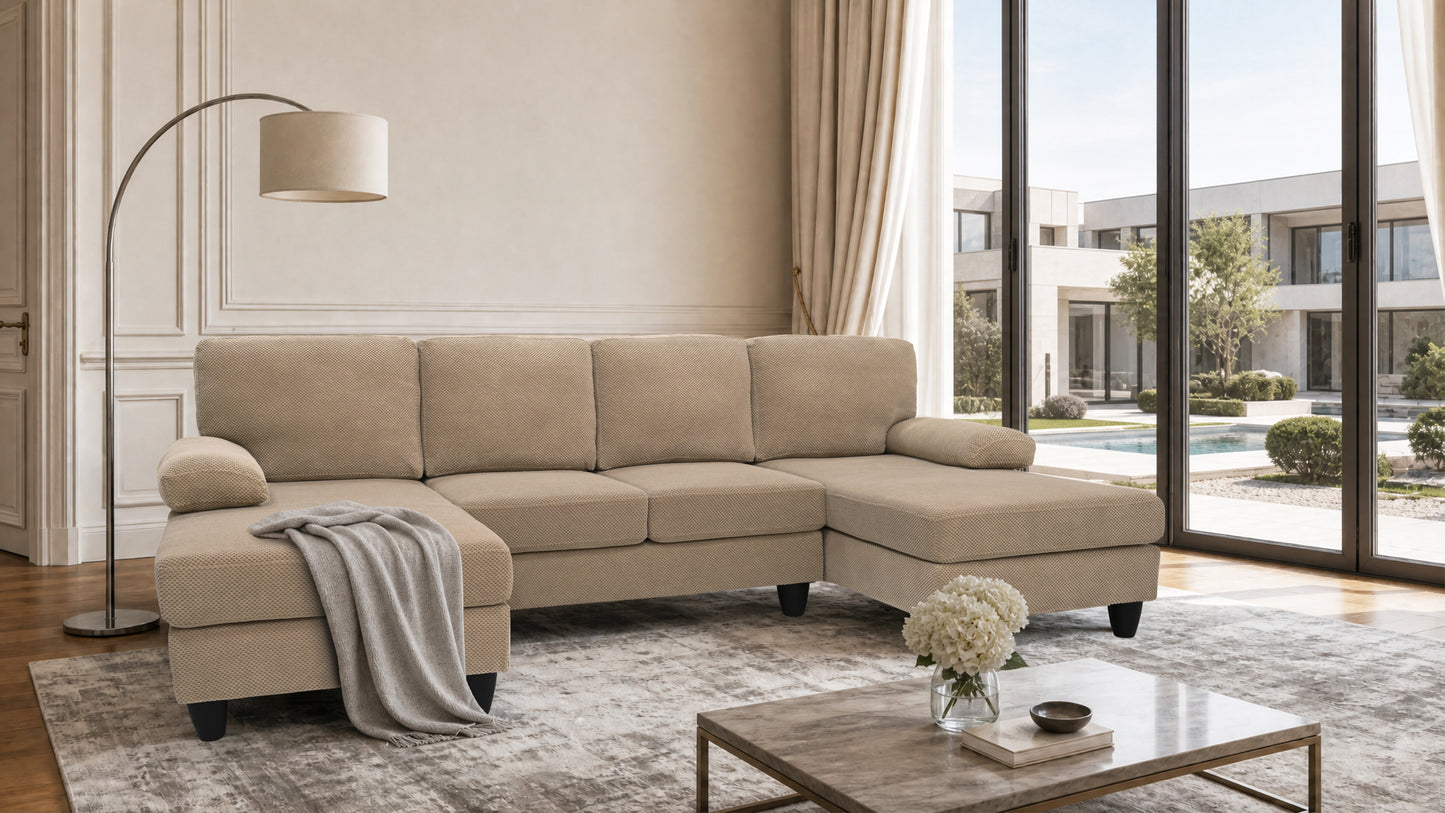U-Shaped Sofa with Nubby Upholstery and Dual Chaise - Camel