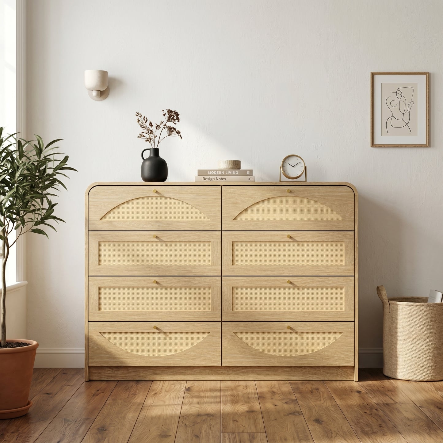Natural 8-Drawer Dresser with Rattan Front - Wide Storage Cabinet