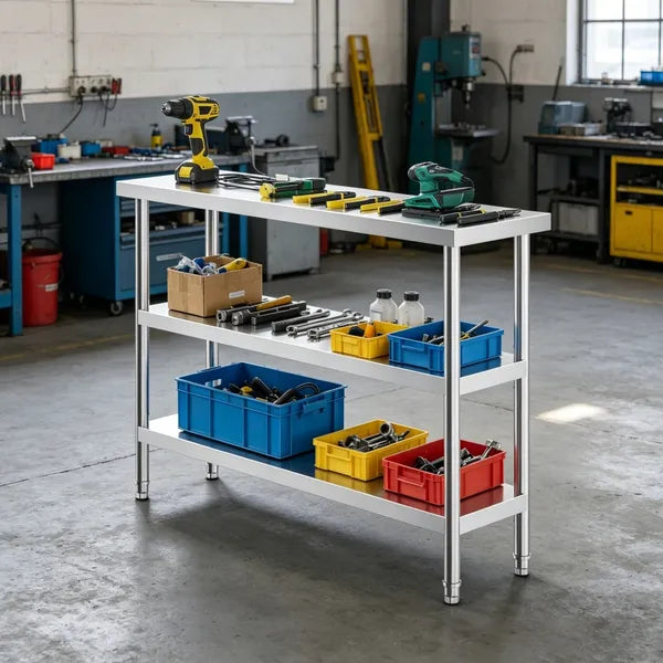Sleek Metal Work Table With Easy To Clean And Adjustable Shelves For