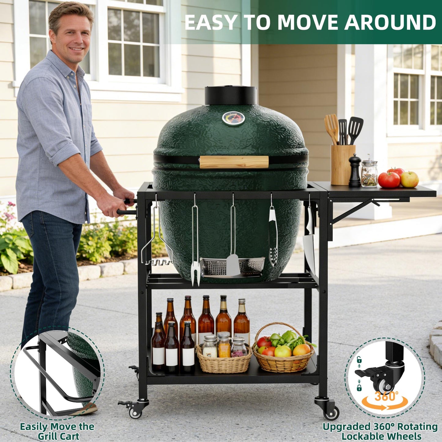 Heavy Duty Metal Outdoor Grill Table for Big Green Egg & Kamado Grills - Black