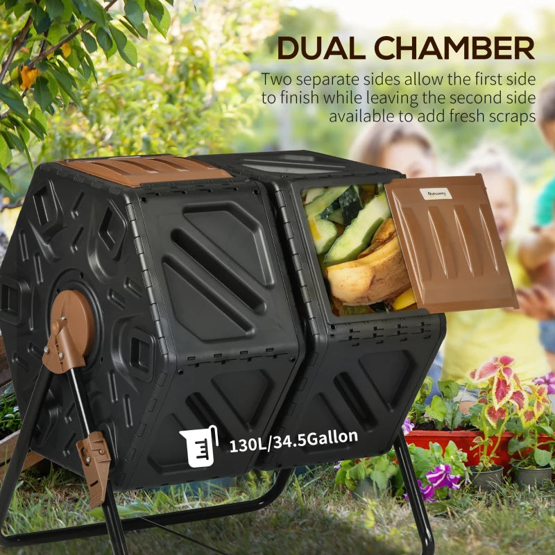 Dual Chamber Compost Tumbler Bin 34.5 Gallon Outdoor Garden Tool Brown & Black