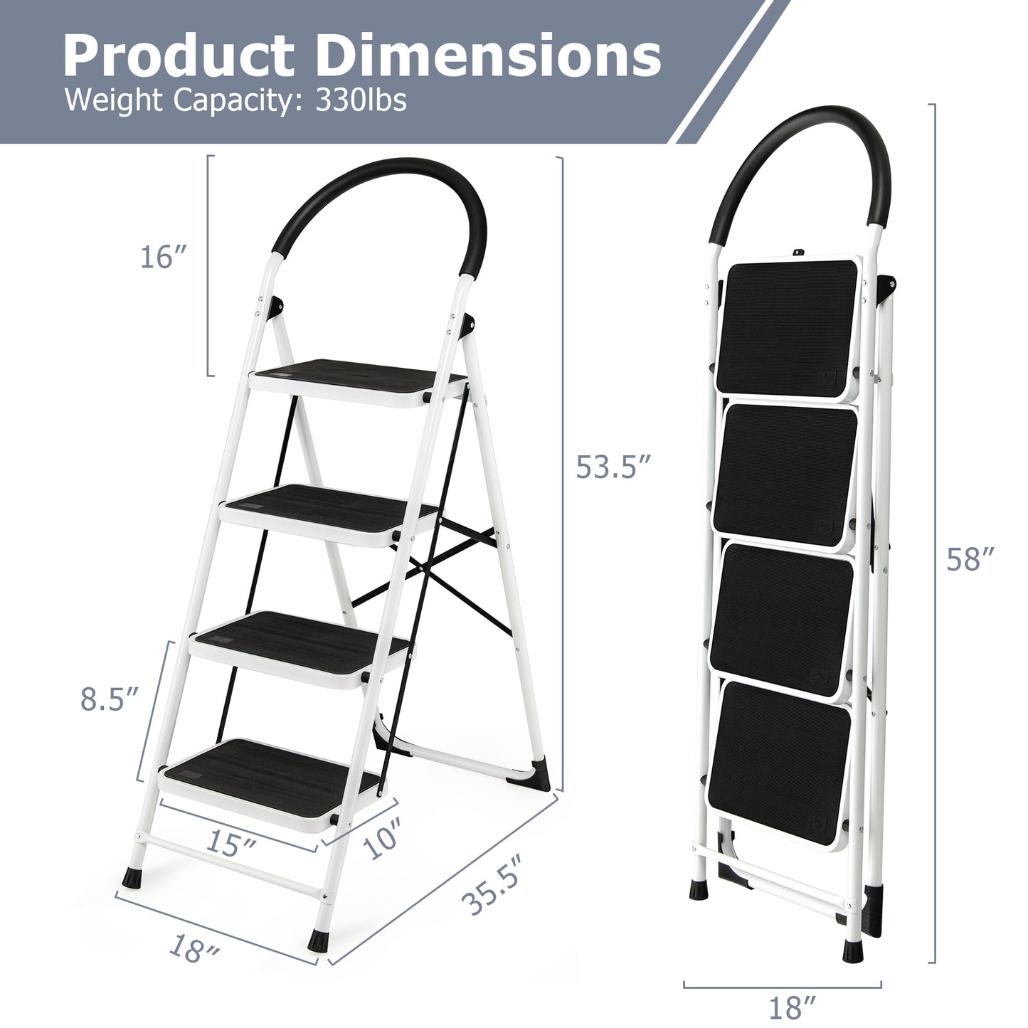 Folding 4-Step Ladder with Anti-Slip Pedal, 330Lbs Capacity