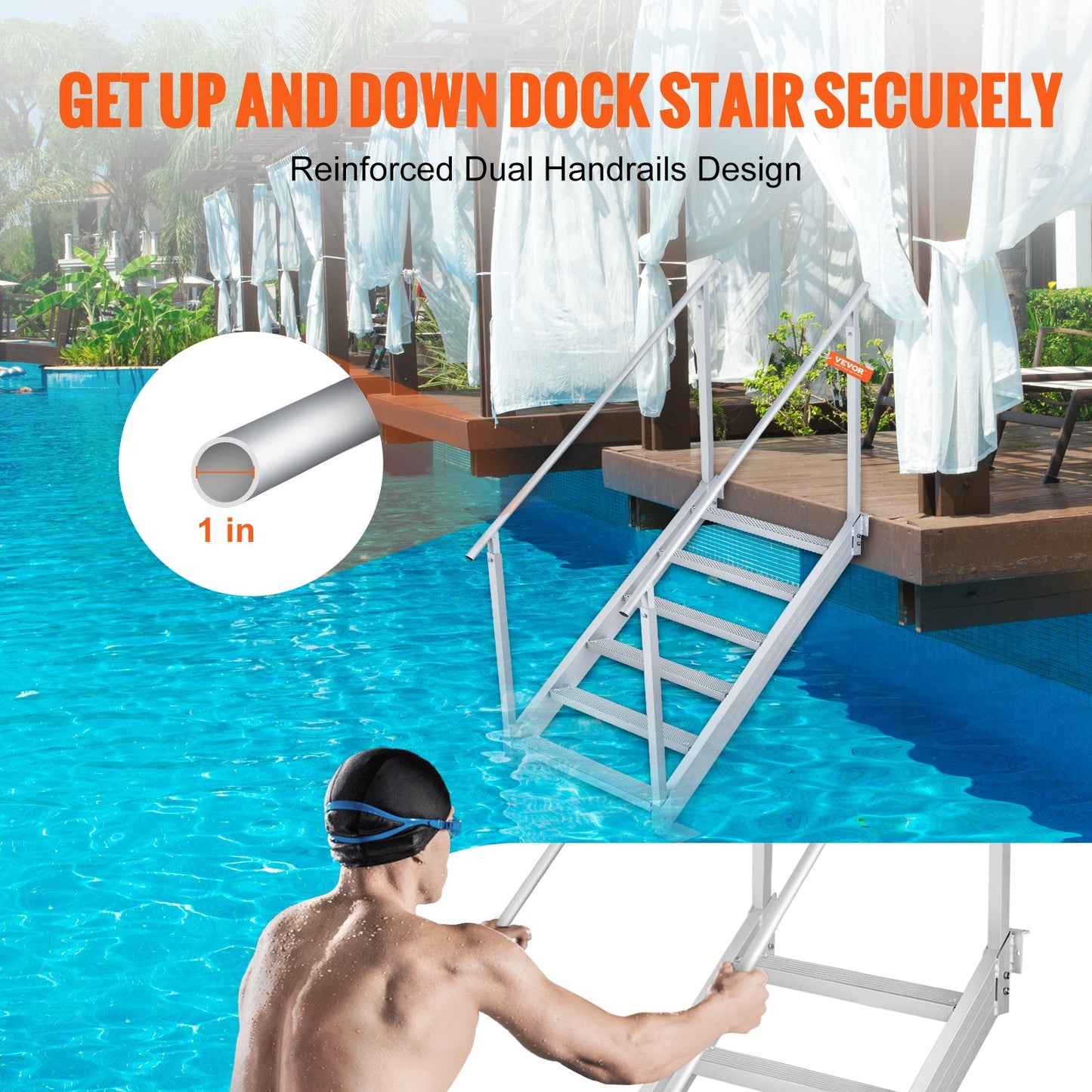 Adjustable Aluminum Dock Ladder 43-51 Inches with Dual Handrails, Nonslip Pedals, 500 lbs Capacity