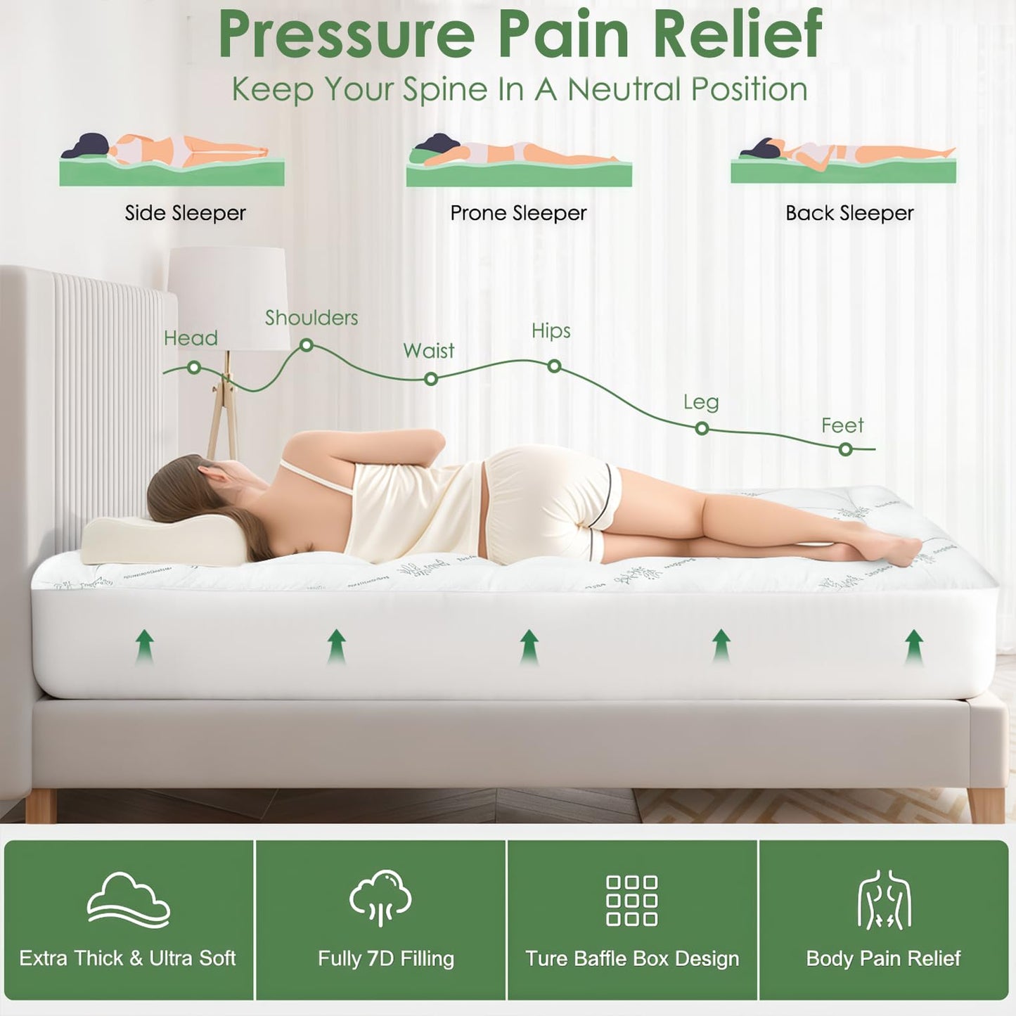 Cooling Bamboo Mattress Topper - Soft Pillow Top & Deep Pocket