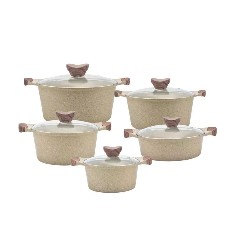 10-Piece Non-Stick Cooking Pan Set with Wood Grain Finish - Aluminum Kitchen Pots