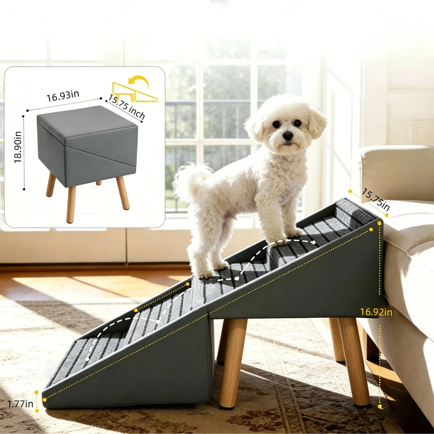 Foldable Dog Steps for Bed and Couch - 4-Step Pet Ramp for Small Dogs, Grey