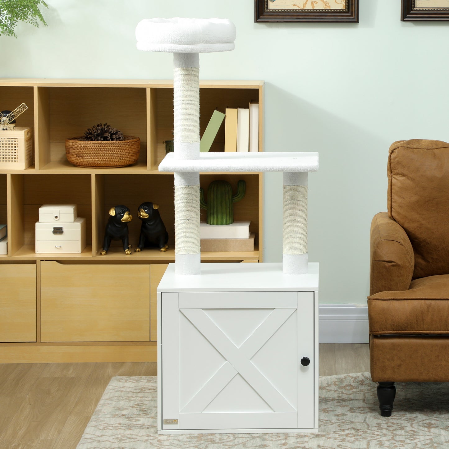 Cat Tree with Litter Box Enclosure and Scratching Posts - White