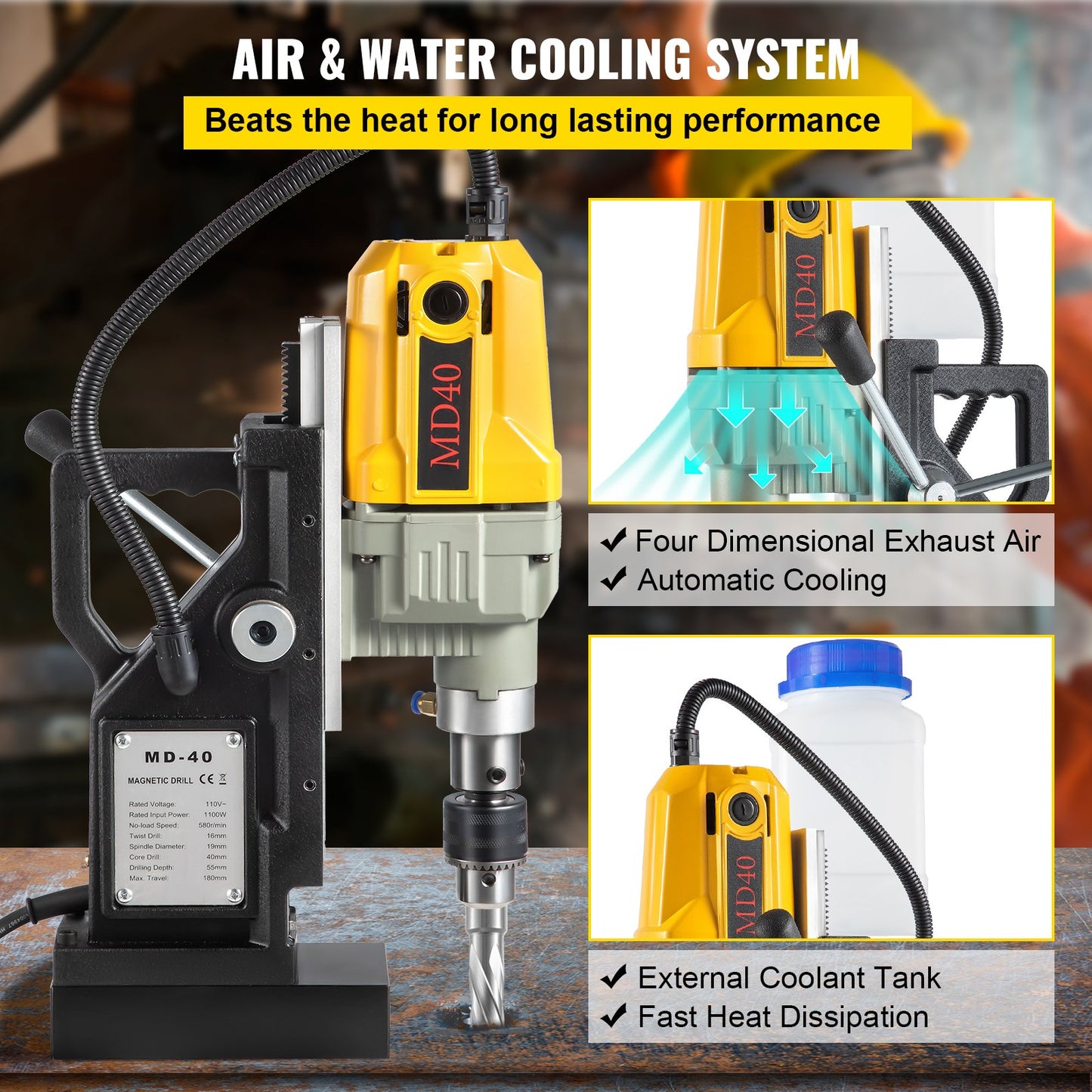 1100W Magnetic Drilling Machine with 12 Bits, 2-Inch Capacity, Portable Electric Mag Drill, Yellow