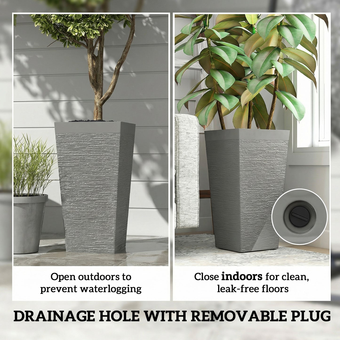 Outdoor Plant Pots Set of 3 with Wheels - 22.8 Inch Tapered Planters, Stone Finish, Drainage Holes, Gray