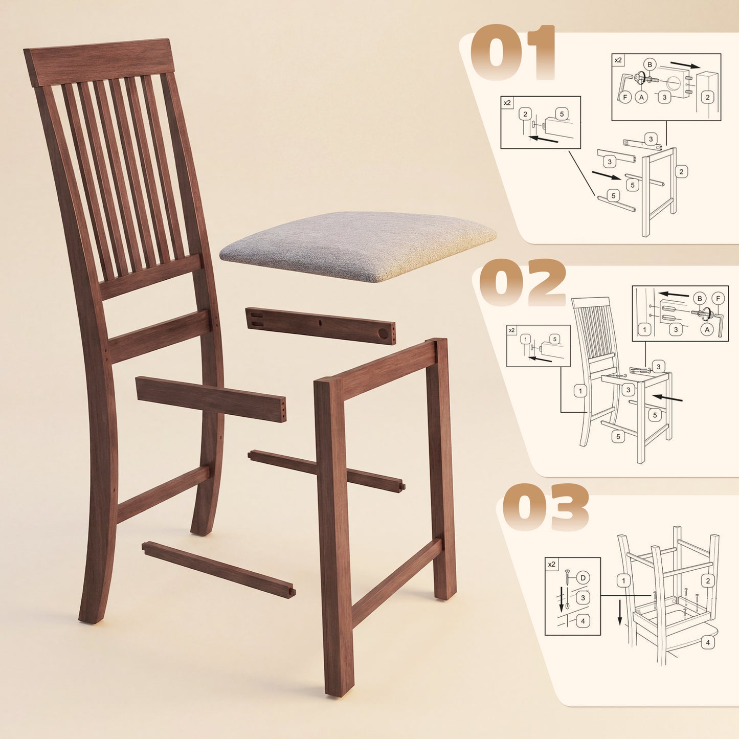 Counter Height Bar Stools with Padded Seat, High Back Kitchen Chairs