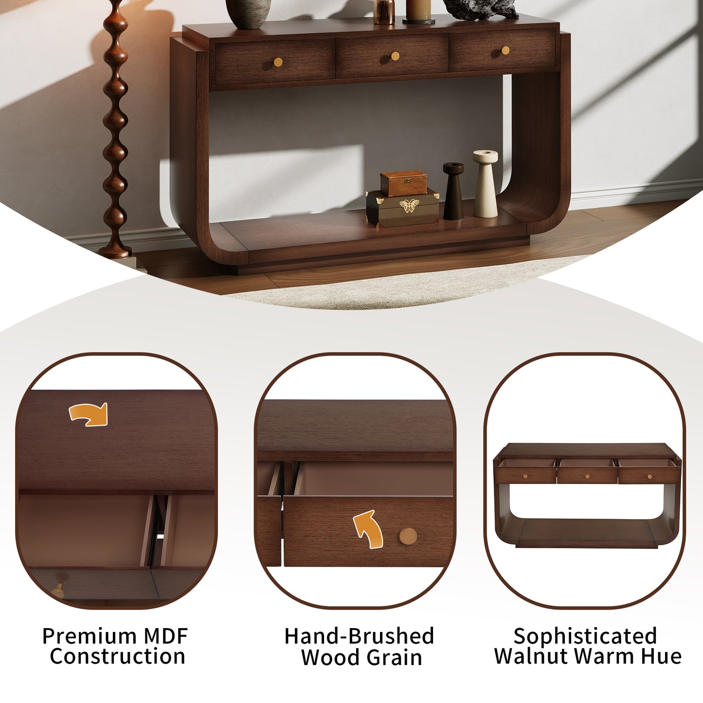 Classic Console Table with 3 Drawers & Display Shelf - Walnut