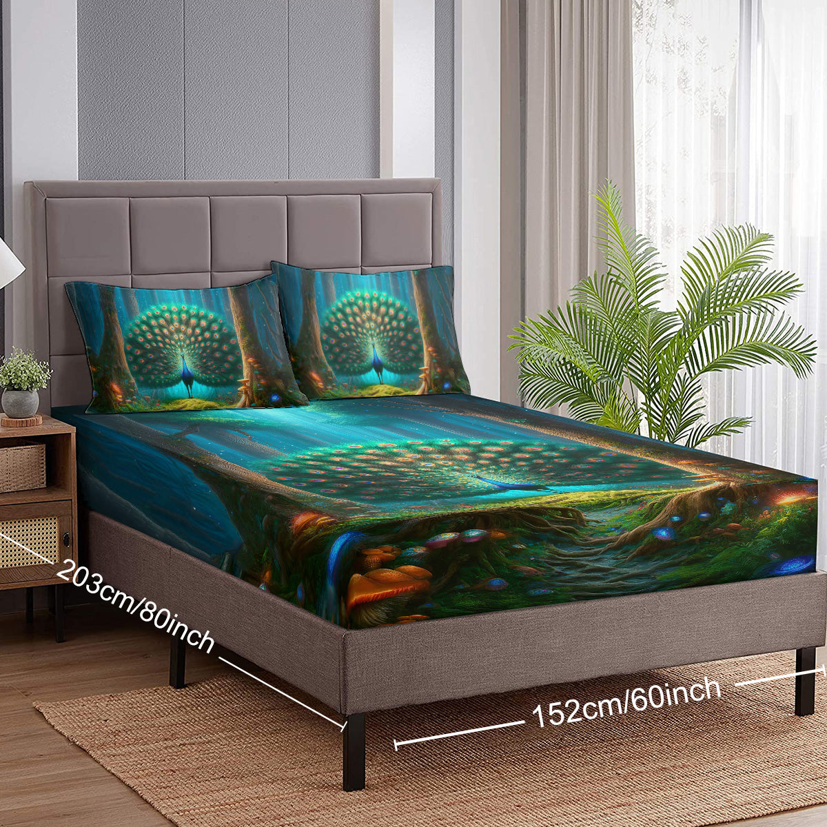 Green Peacock Print Bed Sheet Set - Colorful Mushroom Pattern, Queen Size