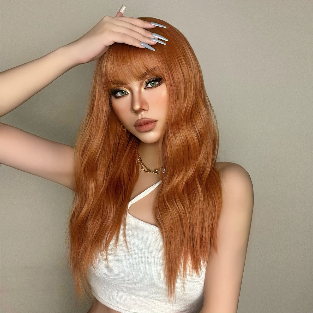 Women’s Orange Synthetic Long Hair Wig 50cm for Daily Use