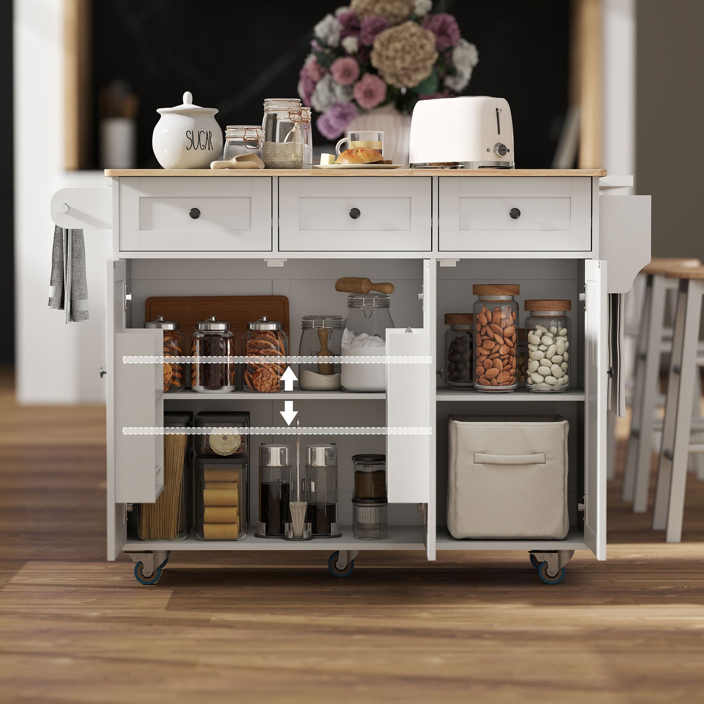 Rolling Kitchen Island with Drop Leaf & Charging Station - White