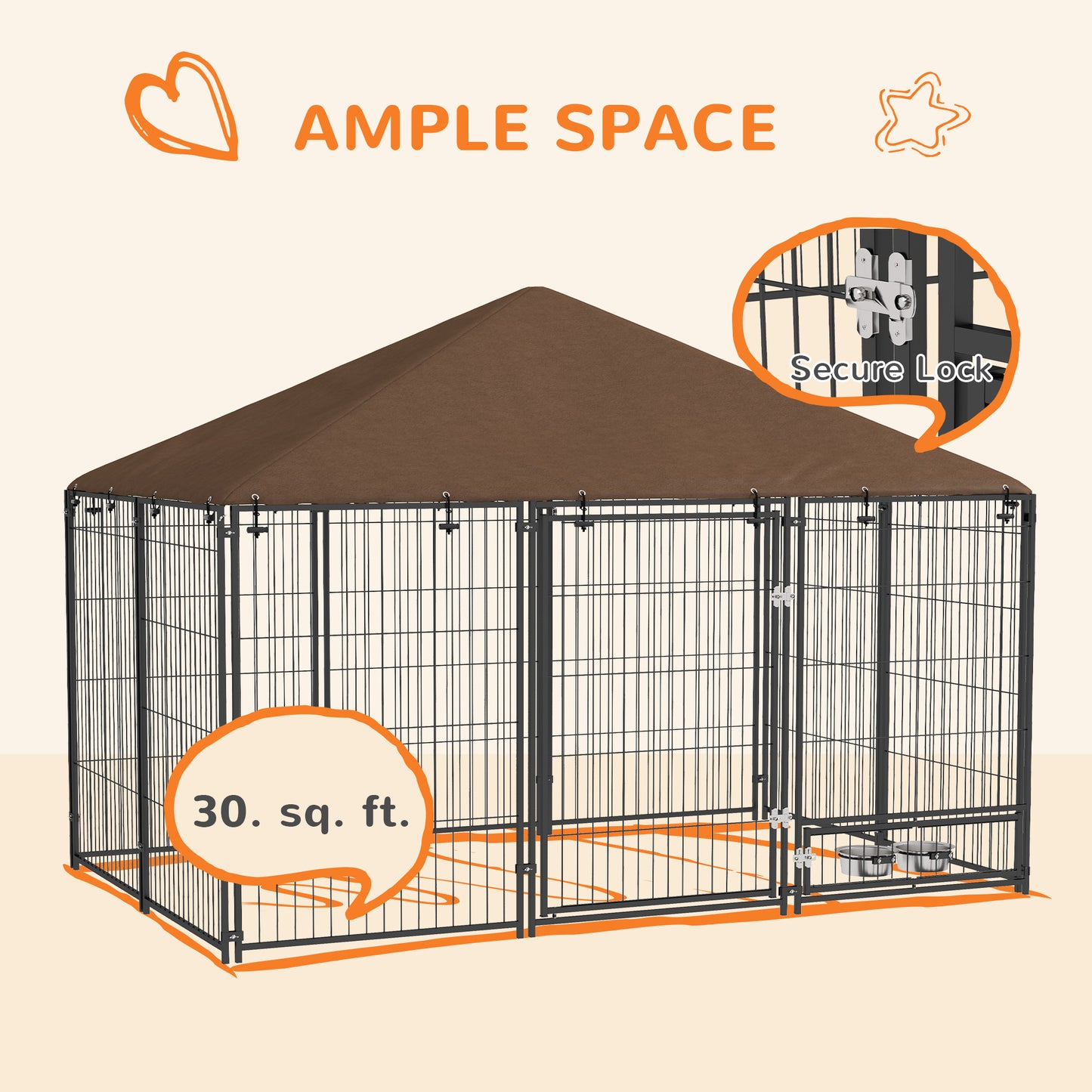 Outdoor Dog Kennel with Canopy, 6.9 x 4.6 ft Puppy Playpen with Rotating Bowls - Black