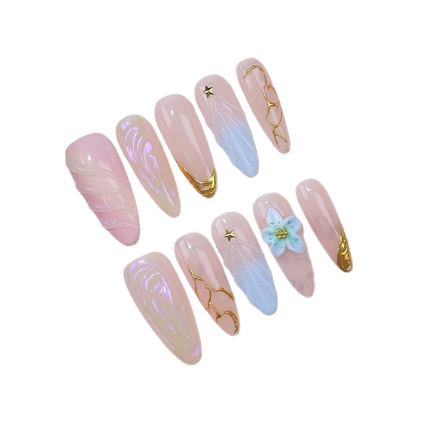 Fake Nail Set with Carved Shell Pattern - Long Almond French Style with Armor Fit