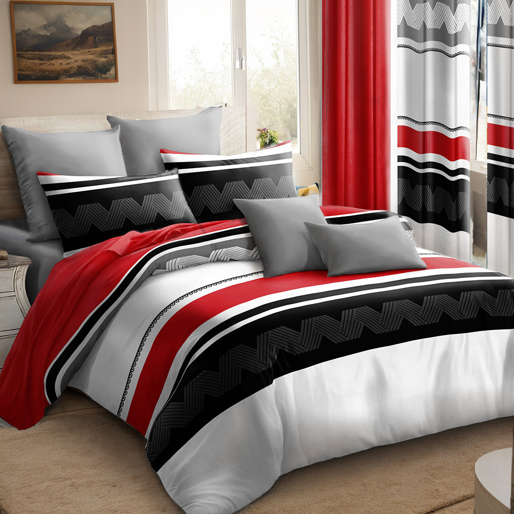 9-Piece Geometric Bedding and Curtain Set - Heavyweight Quilt & 6 Panels