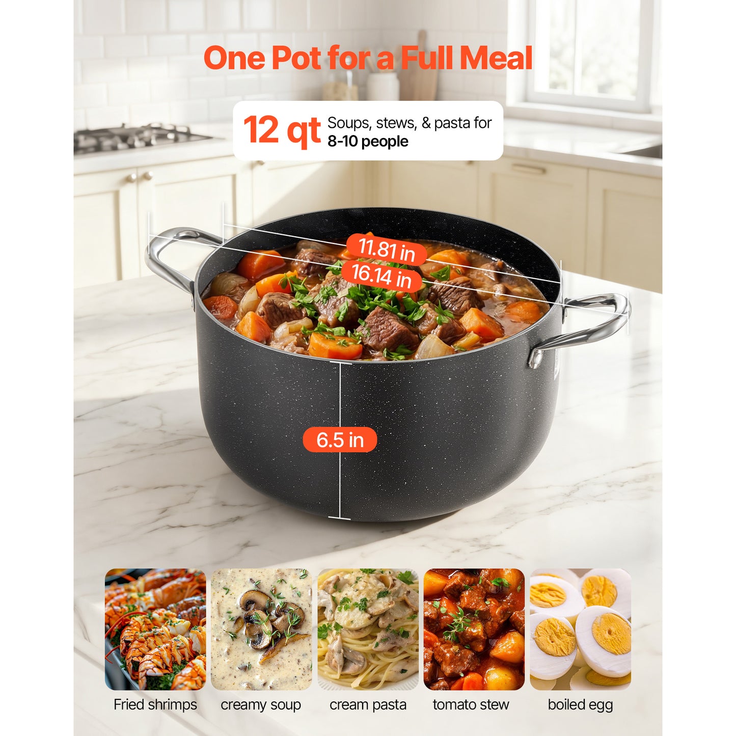 12-Quart Nonstick Aluminum Stock Pot with Glass Lid - PFOA & PFAS-Free, Compatible with Gas, Induction, Electric Stoves