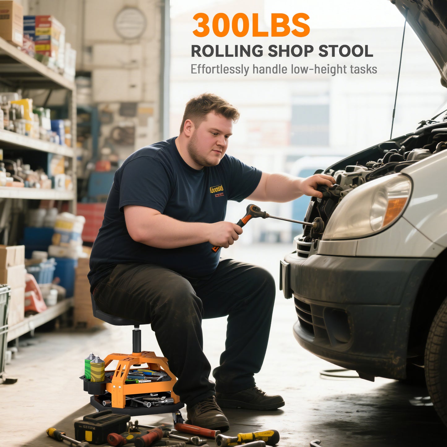 Mechanic Rolling Stool with Tool Tray - 300 lbs Capacity, Yellow