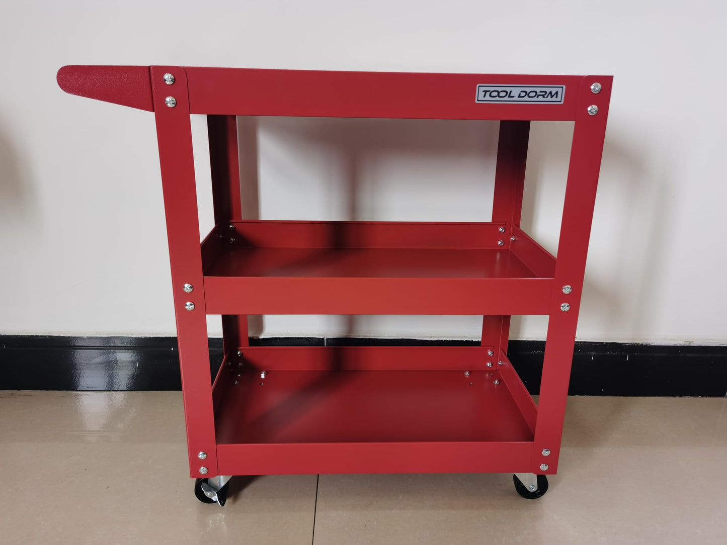 Three-Tier Handcart Tool Storage Cart with Lockable Wheels - Red