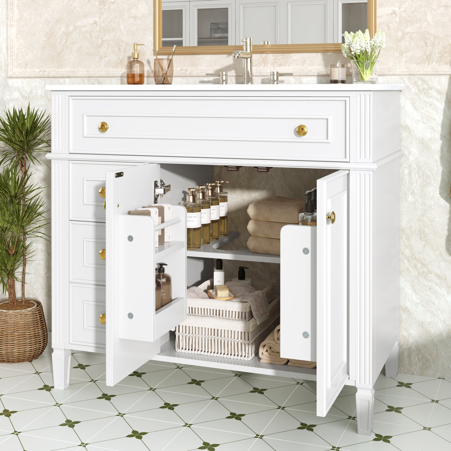 36 Inch Bathroom Vanity with Sink - White Solid Wood Cabinet