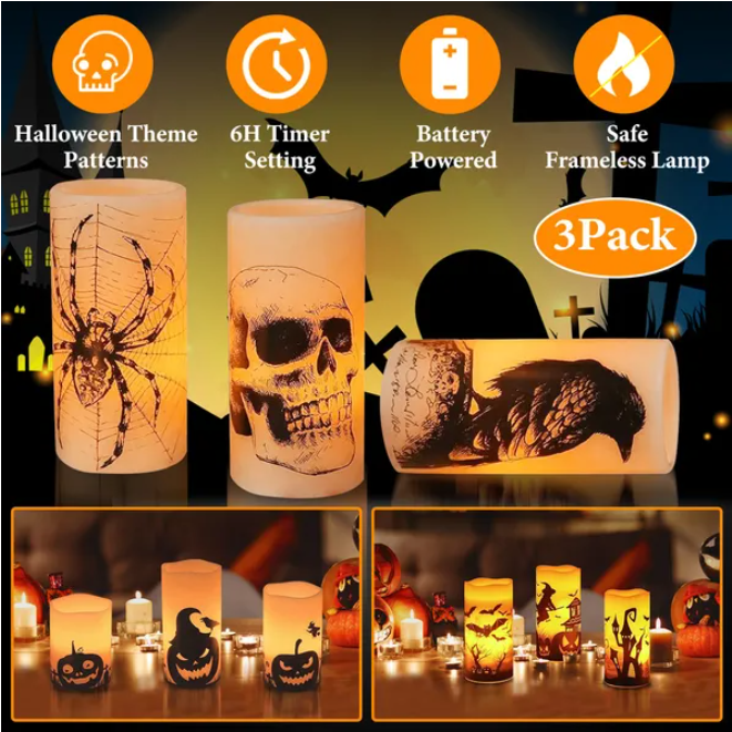Halloween Flameless Candle Lamp Set - 3 Pack Night Lights for Home Decor