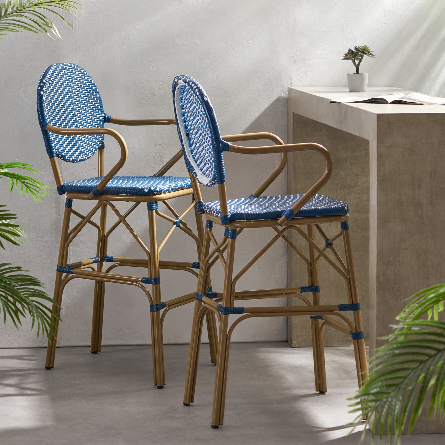 Outdoor Wicker And Aluminum 29.5 French Barstools, Set Of 2, Navy