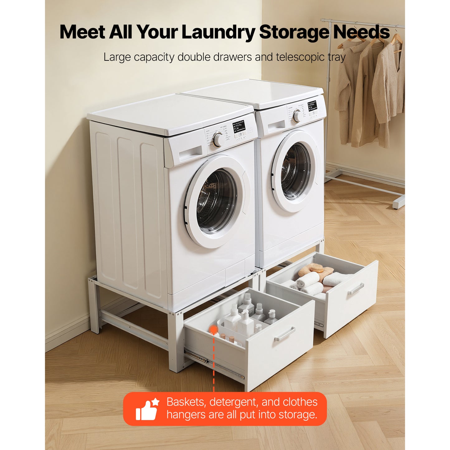 Laundry Pedestal with Drawer - 14 Inch Heavy-Duty Steel Stand for Washer & Dryer, White, 2 Pack