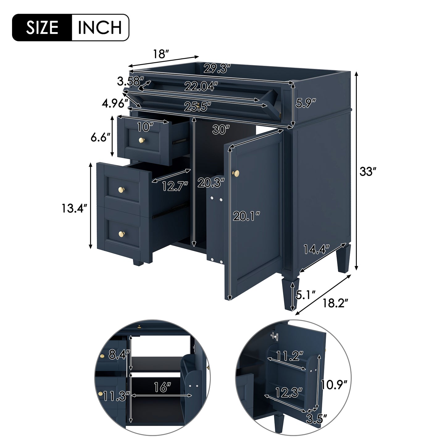 30-Inch Blue Bathroom Vanity Cabinet with 3 Drawers