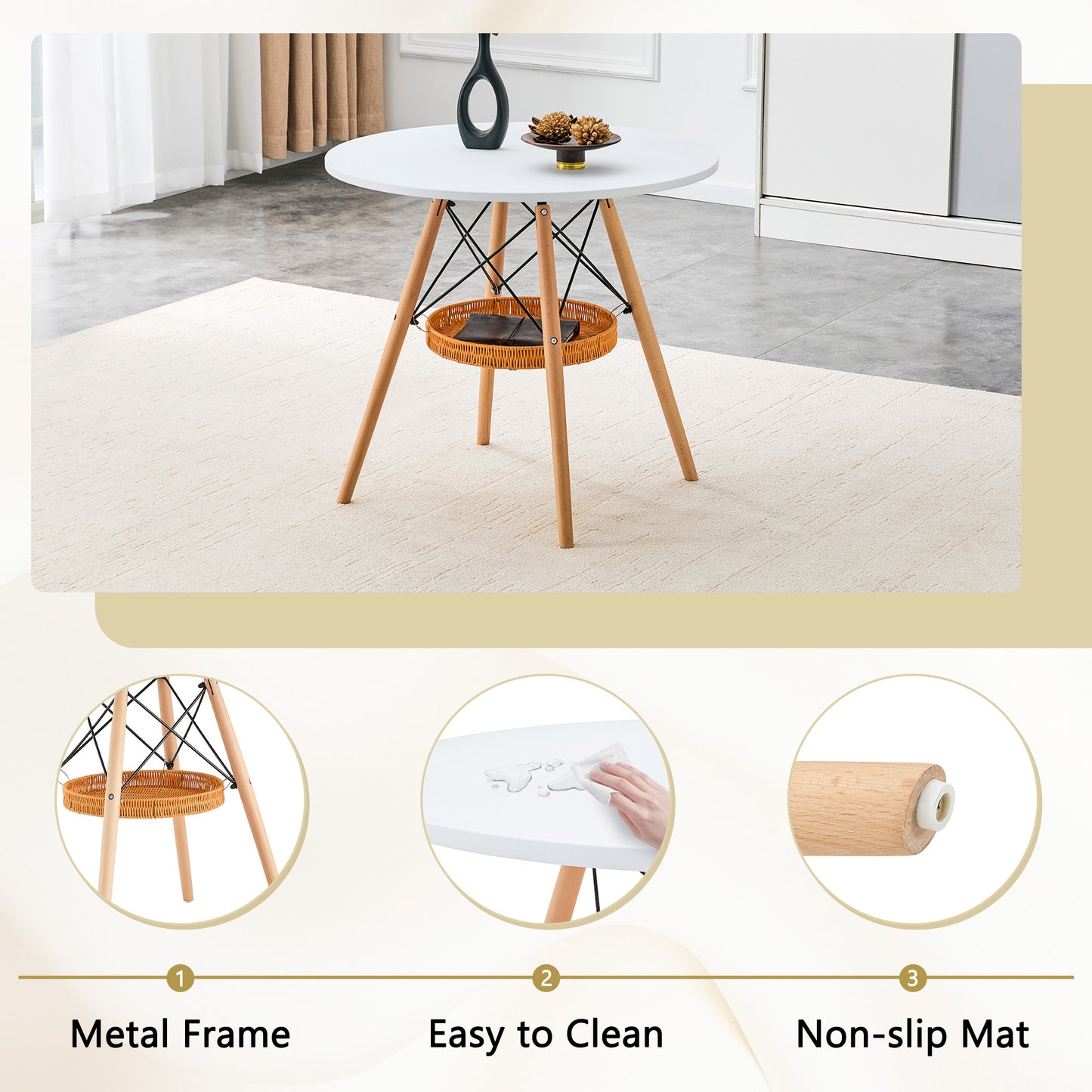 31.5-Inch Circular Dining Table with Woven Storage Basket - White