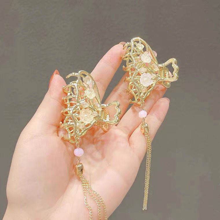 Gold Butterfly Hair Clip - Retro Elegant Fairy Small Tassel Shark Hair Accessory