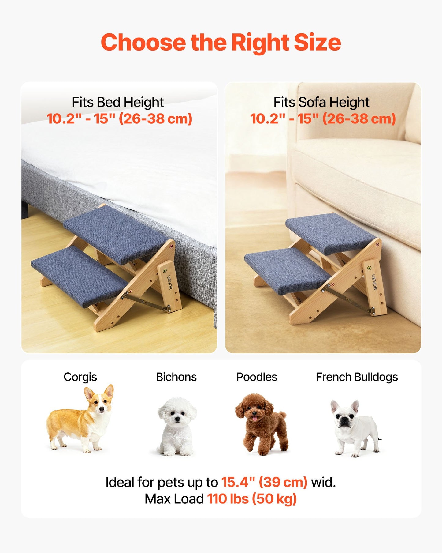 Wood Dog Steps for Bed Sofa Car - 2-Step Pet Ladder, 110lb Capacity, Foldable & Stable