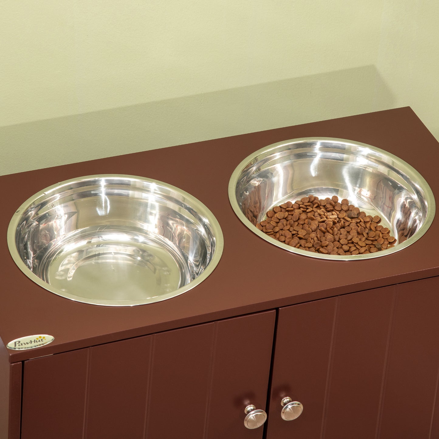 Elevated Dog Bowl Stand with Storage Cabinet - Large Pet Food Station, Brown