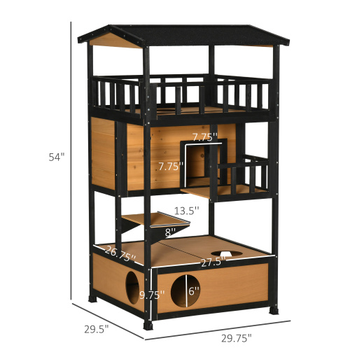 Wooden Outdoor Cat House with Play Platforms and Escape Door - Yellow