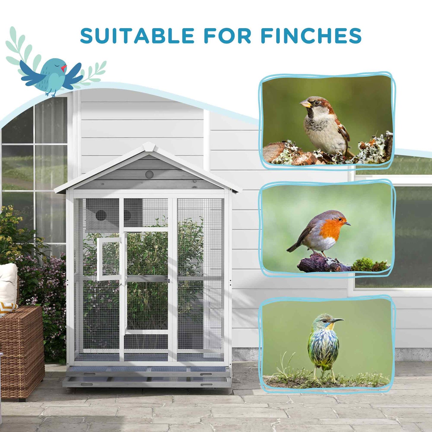 Wooden Bird Cage Aviary with 4 Perches & Nest for Indoor Outdoor Use – Gray, 64.5"