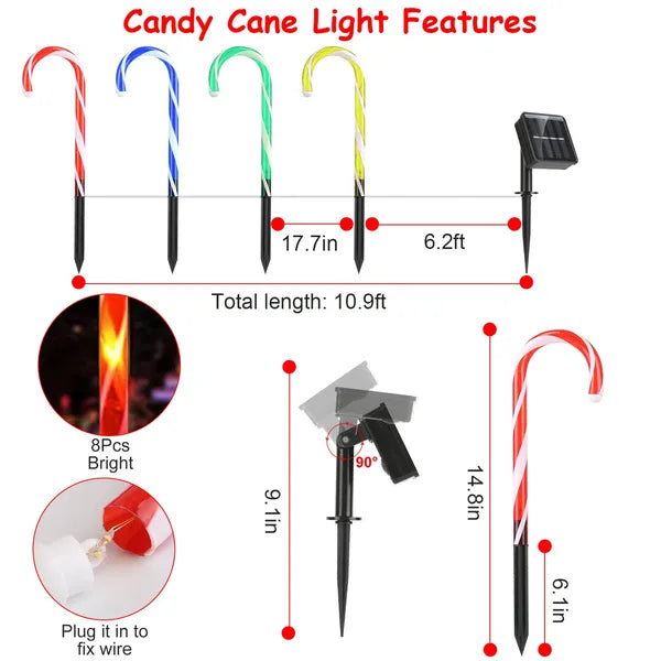 Solar Candy Cane Lights - IP55 Waterproof Multicolor Stake Light