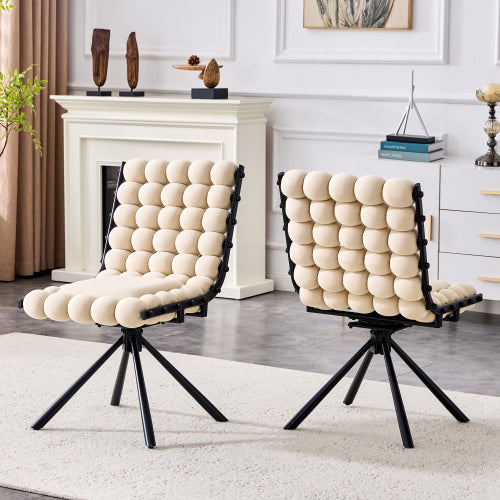 Set of 2 Beige Velvet Bubble Dining Chairs with Black Legs
