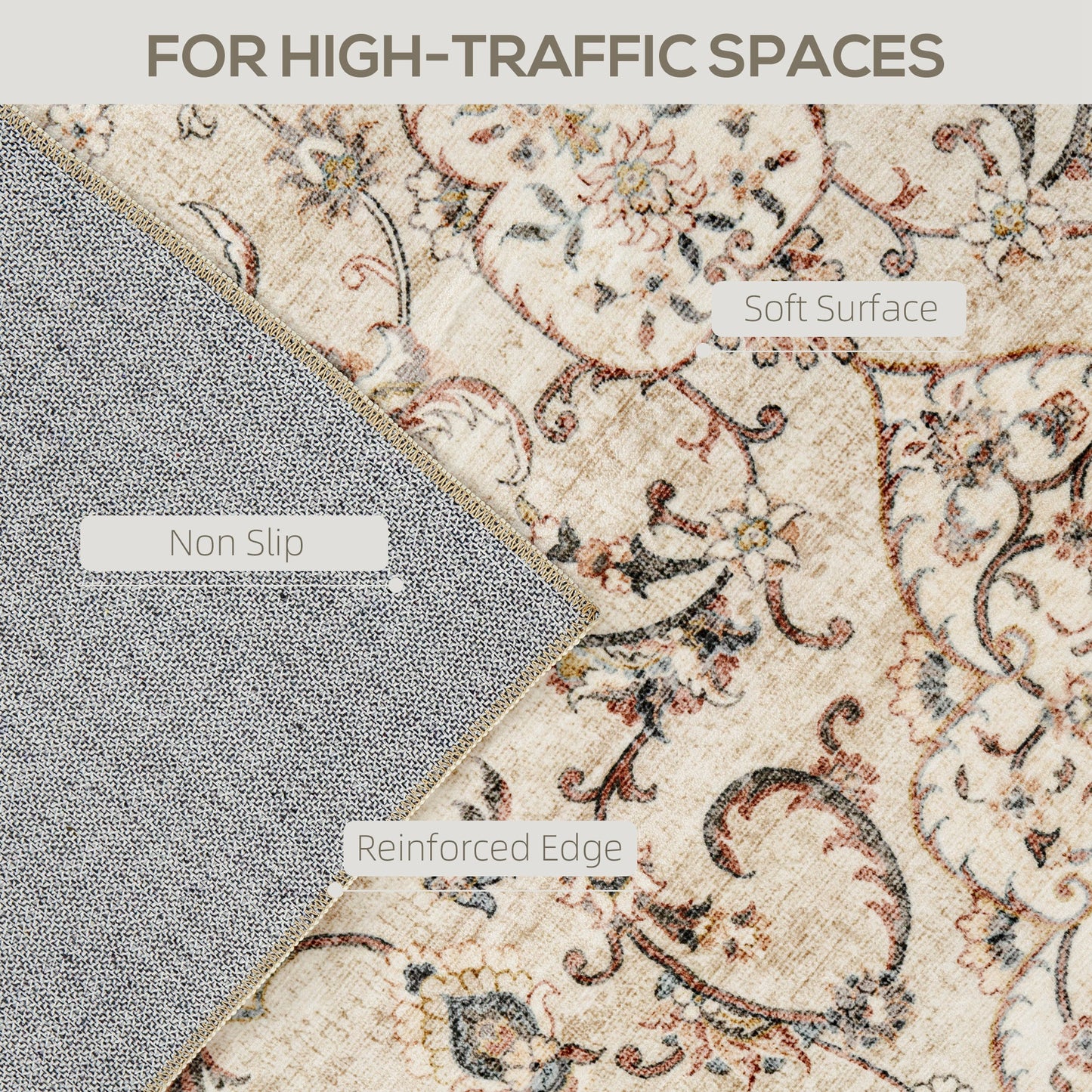 Machine Washable Floral Area Rug 8x10 - Non-Slip Mixed-Brown