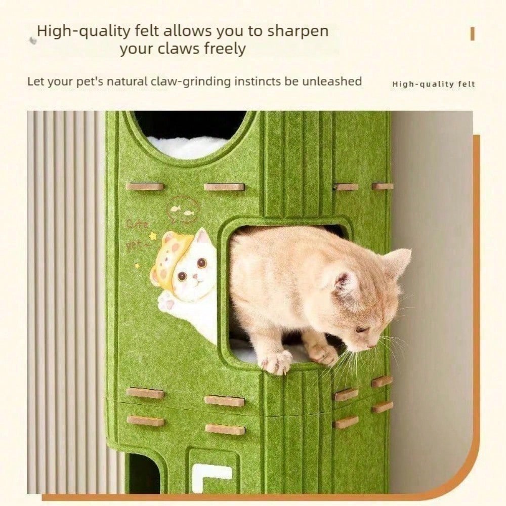 Multi-Level Felt Cat Tree Tower with Hideaways & Interactive Toy - Space Saving Indoor Cat Condo