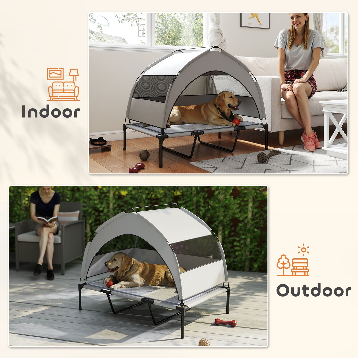 Outdoor Elevated Dog Bed with Removable Canopy and Cooling Pad - 42x30 Inches