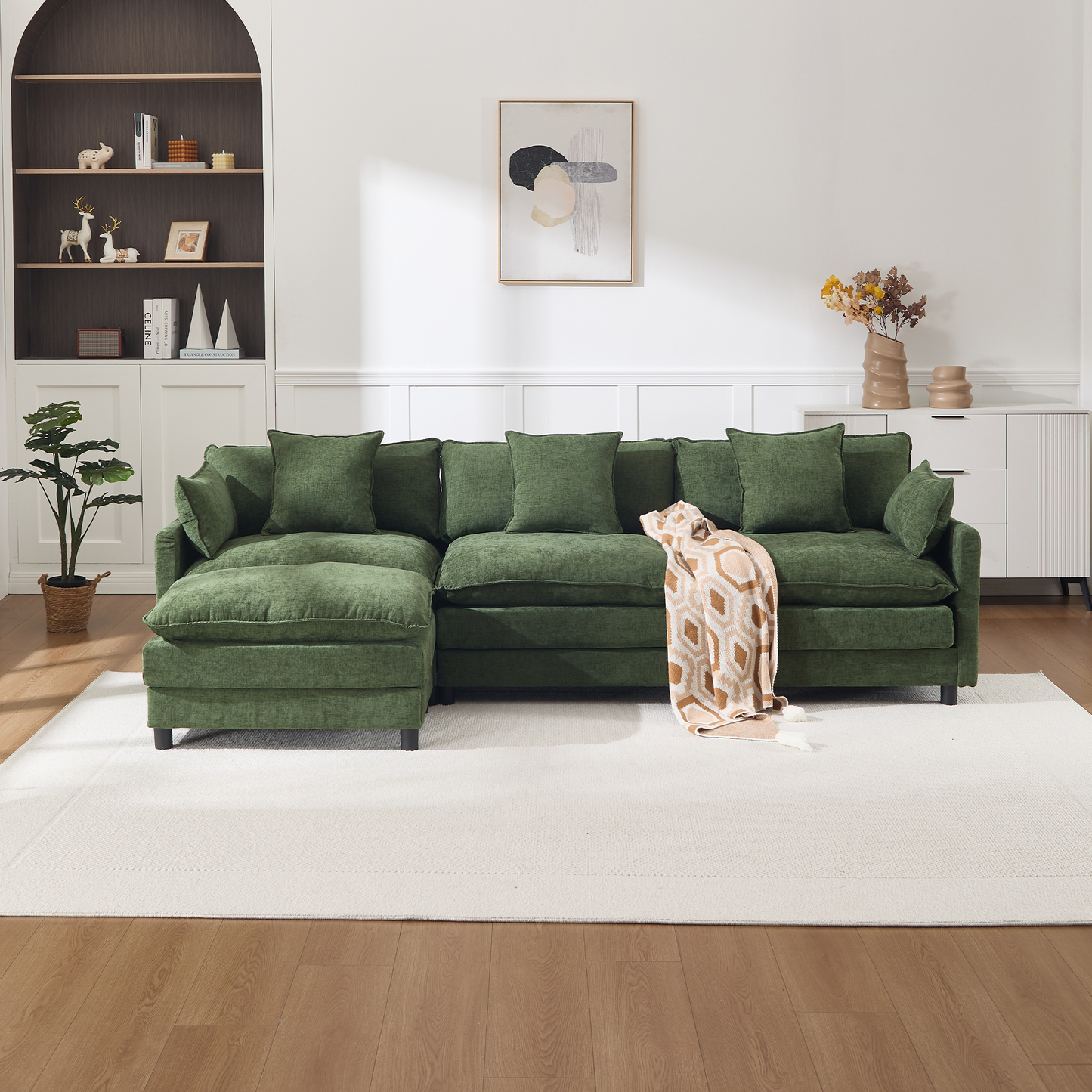 108" L-Shaped Modern Chenille Sectional Sofa with Ottoman - Green