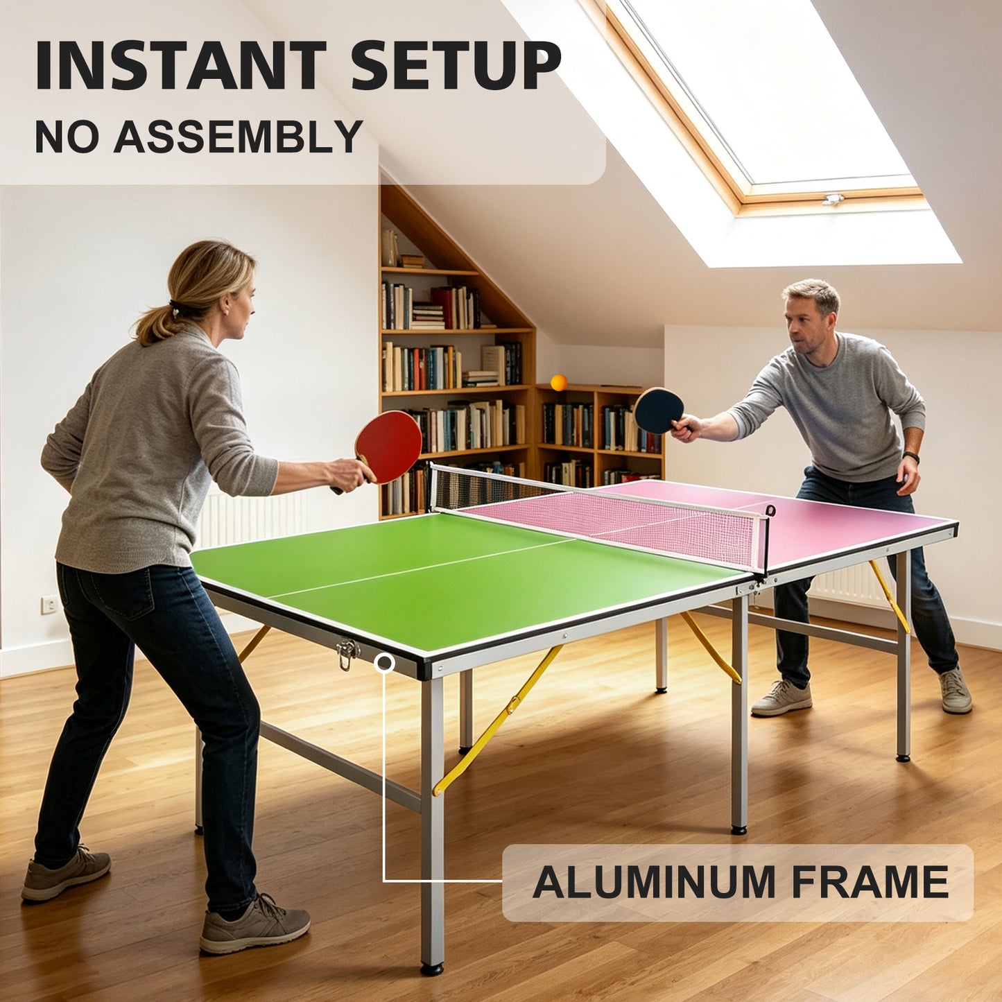 Mid-Size Foldable Table Tennis Table Set with Net, Paddles & Balls - Green/Purple
