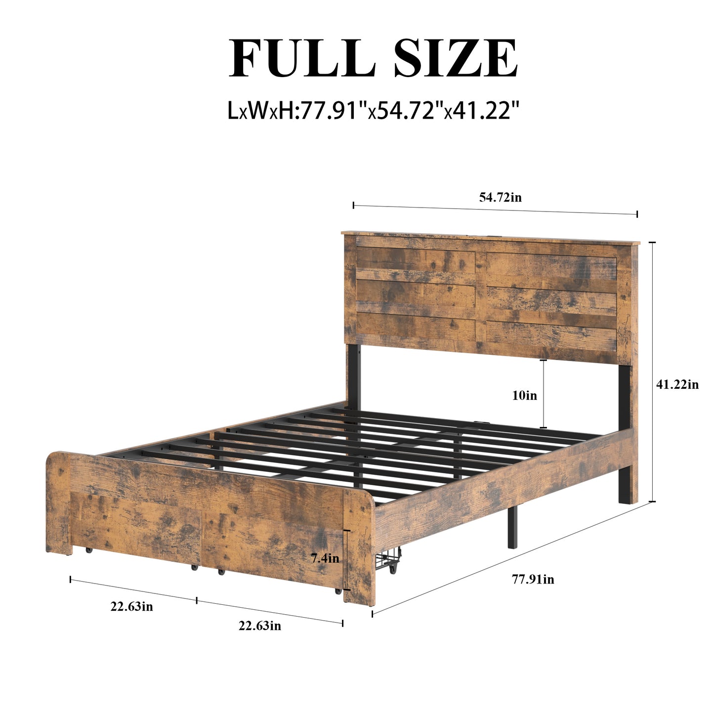 Full Rustic Platform Bed Frame with LED Headboard & Storage