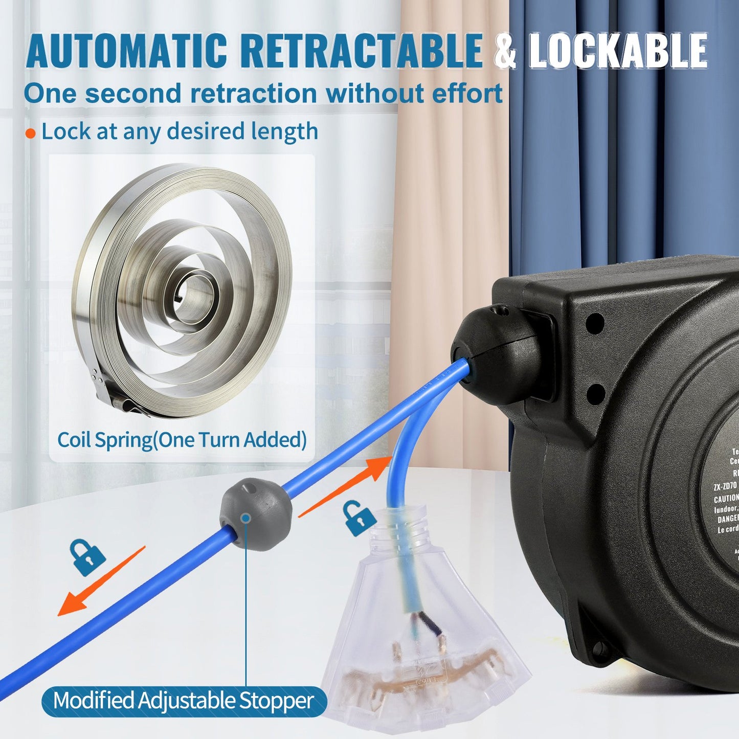 Retractable Extension Cord Reel 30FT Power Cord 16AWG Water-Resistant Garden Tool