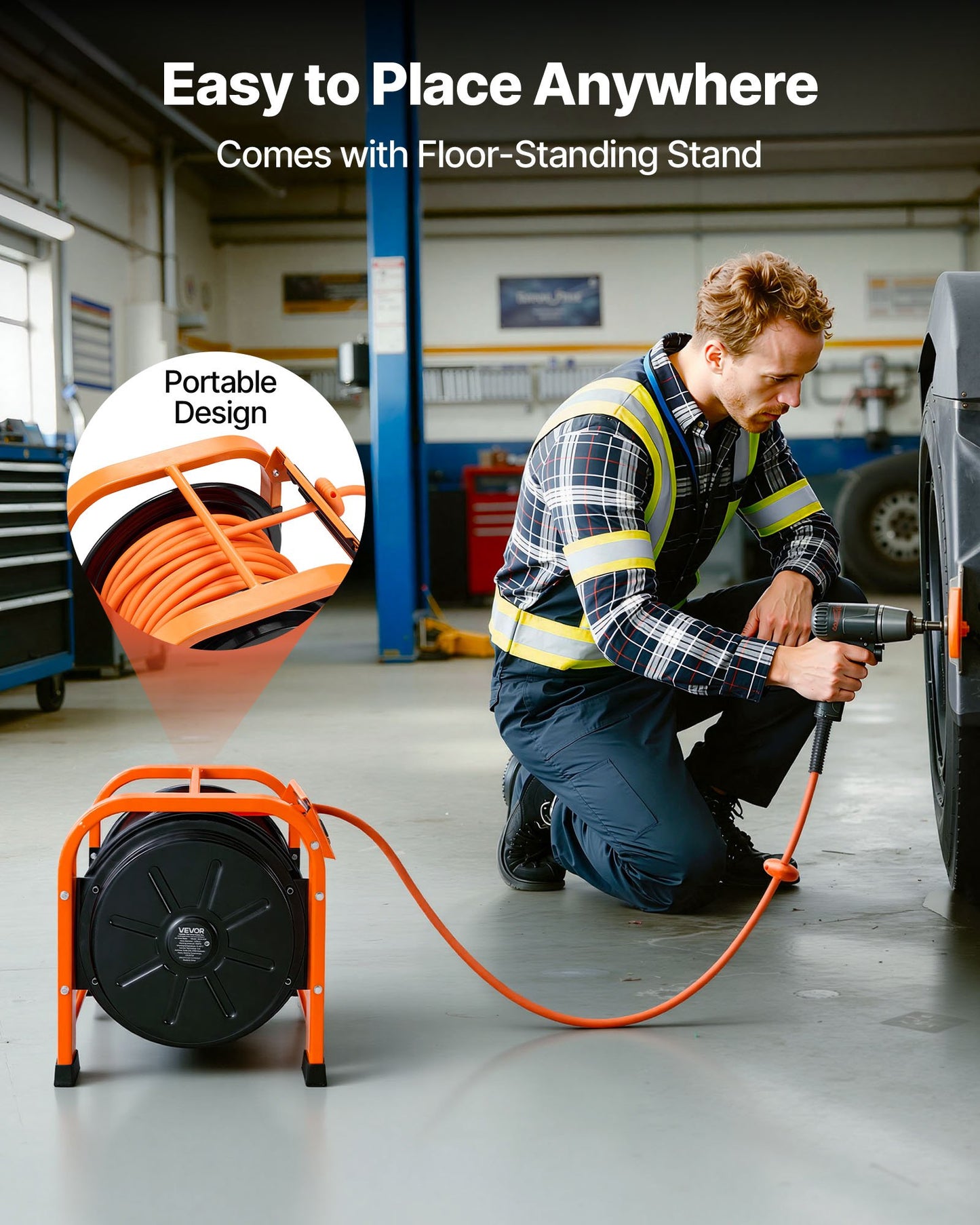 Retractable Air Hose Reel 3/8 Inch x 100 Ft PVC Heavy Duty Steel Portable Garden